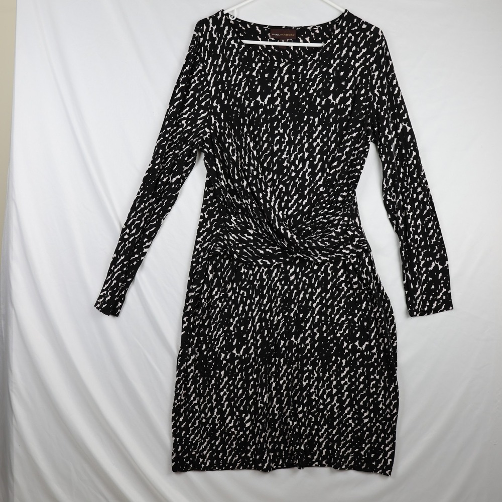 Dana Buchman Dress Womens XL Black White Abstract Print Long Sleeve Knot Waist